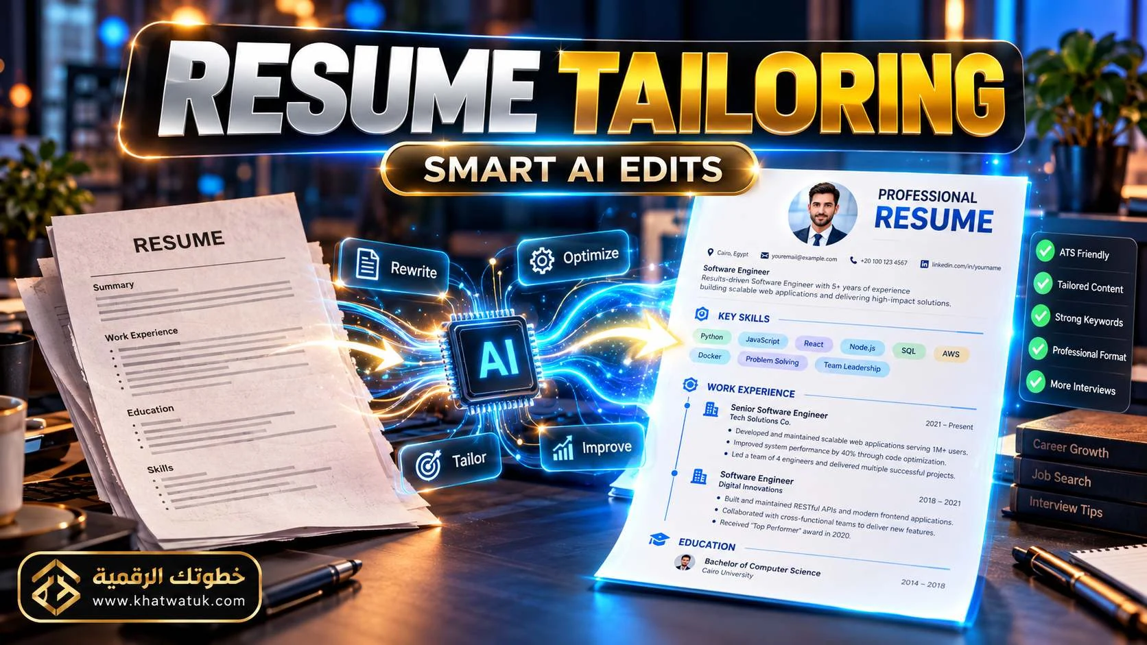 Digital resume being optimized by glowing AI nodes highlighting skills and qualifications.