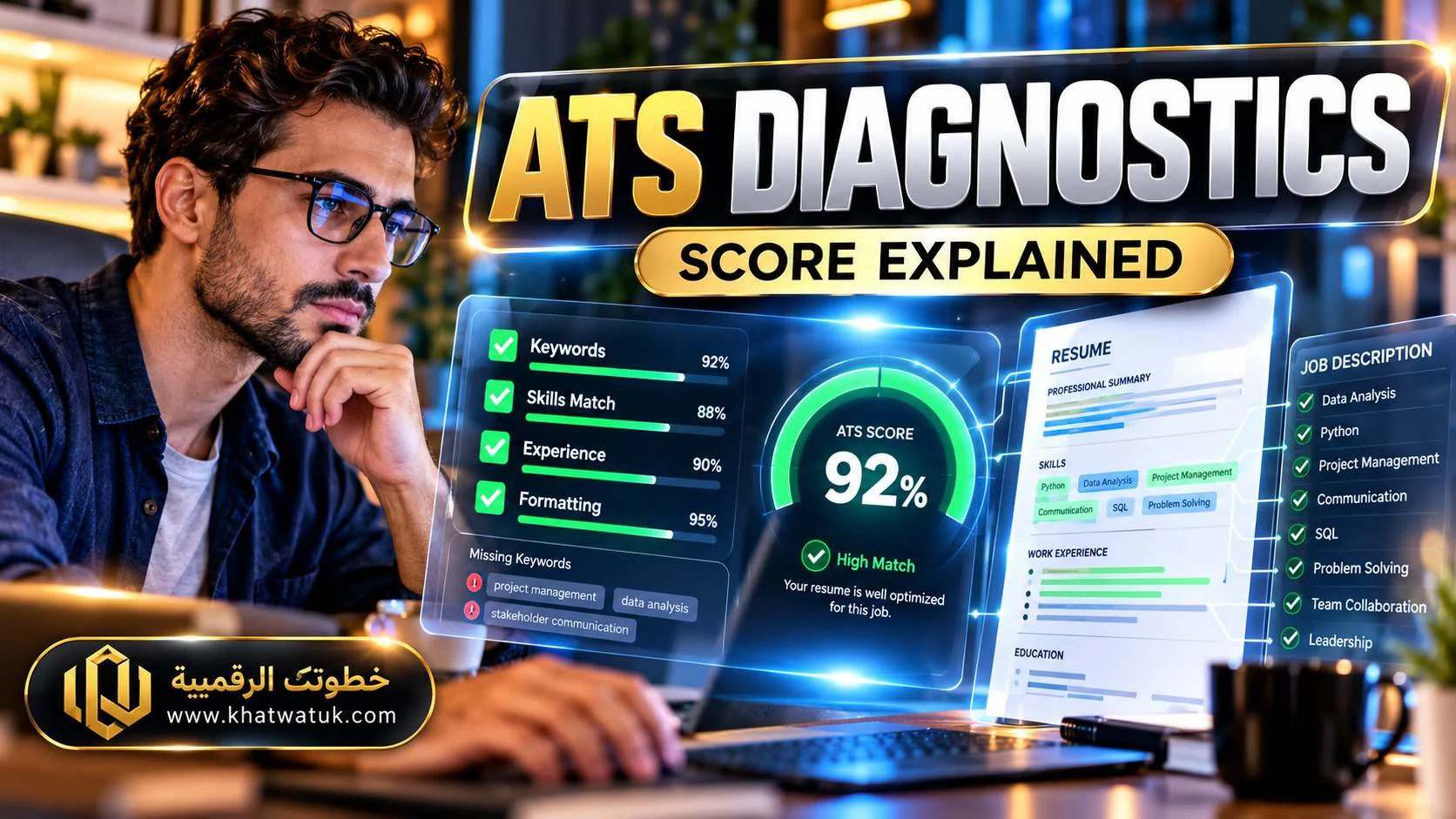 Holographic analysis layer identifying keywords and formatting with an ATS match score gauge.
