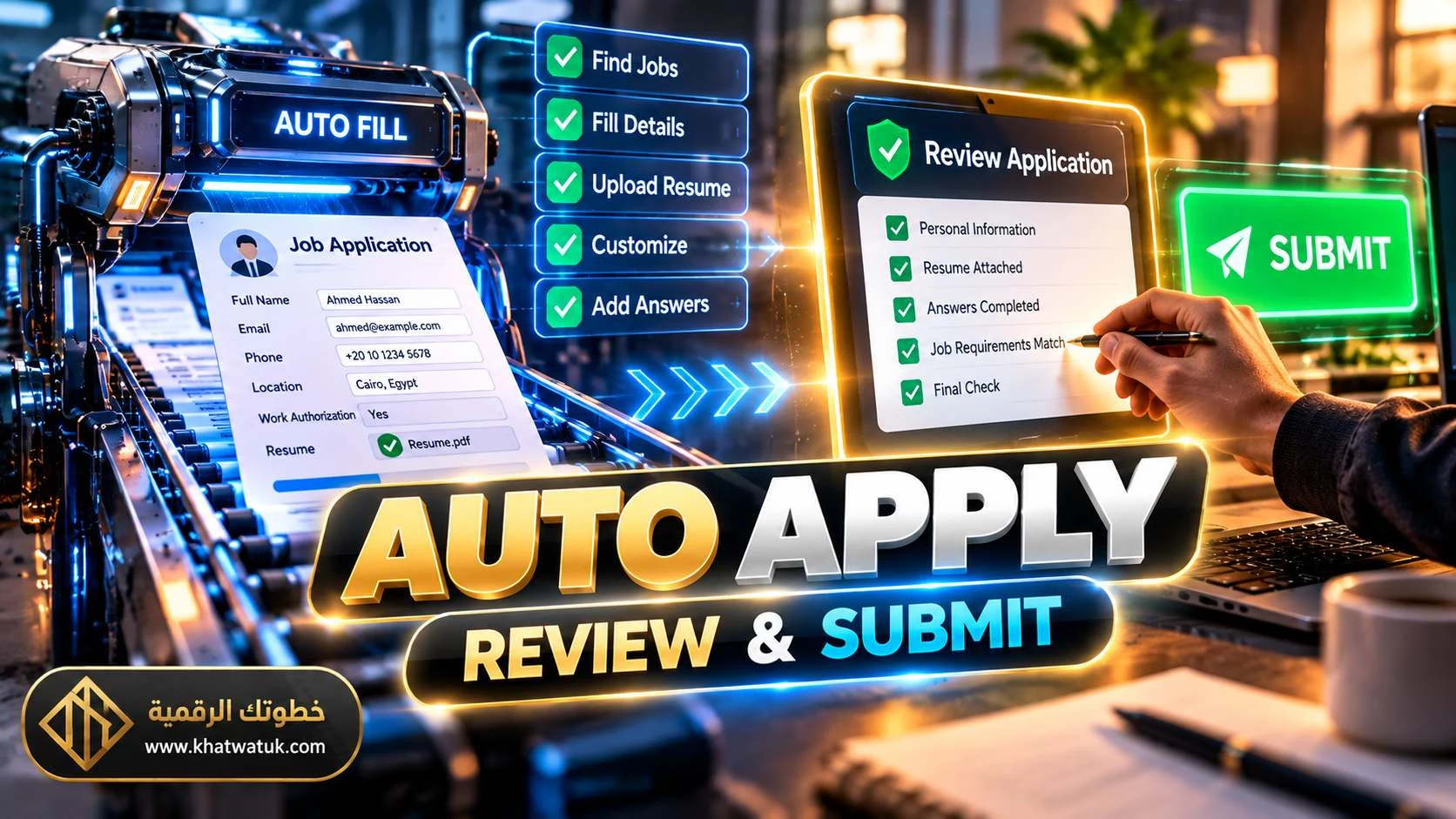 Automation engine processing a job application form with a human review checkpoint.