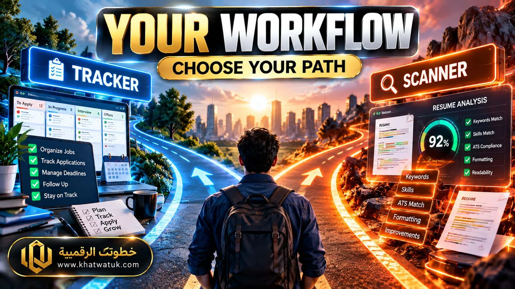 Digital crossroad pathway comparing tracking organization with scanning diagnostics.