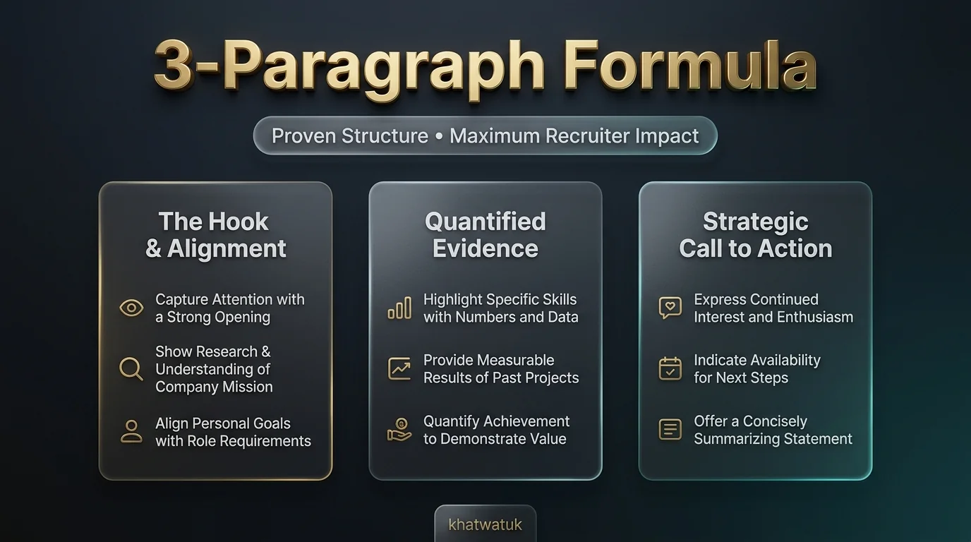 Diagram of the 3-paragraph recruiter cover letter framework showing hook, evidence, and call to action
