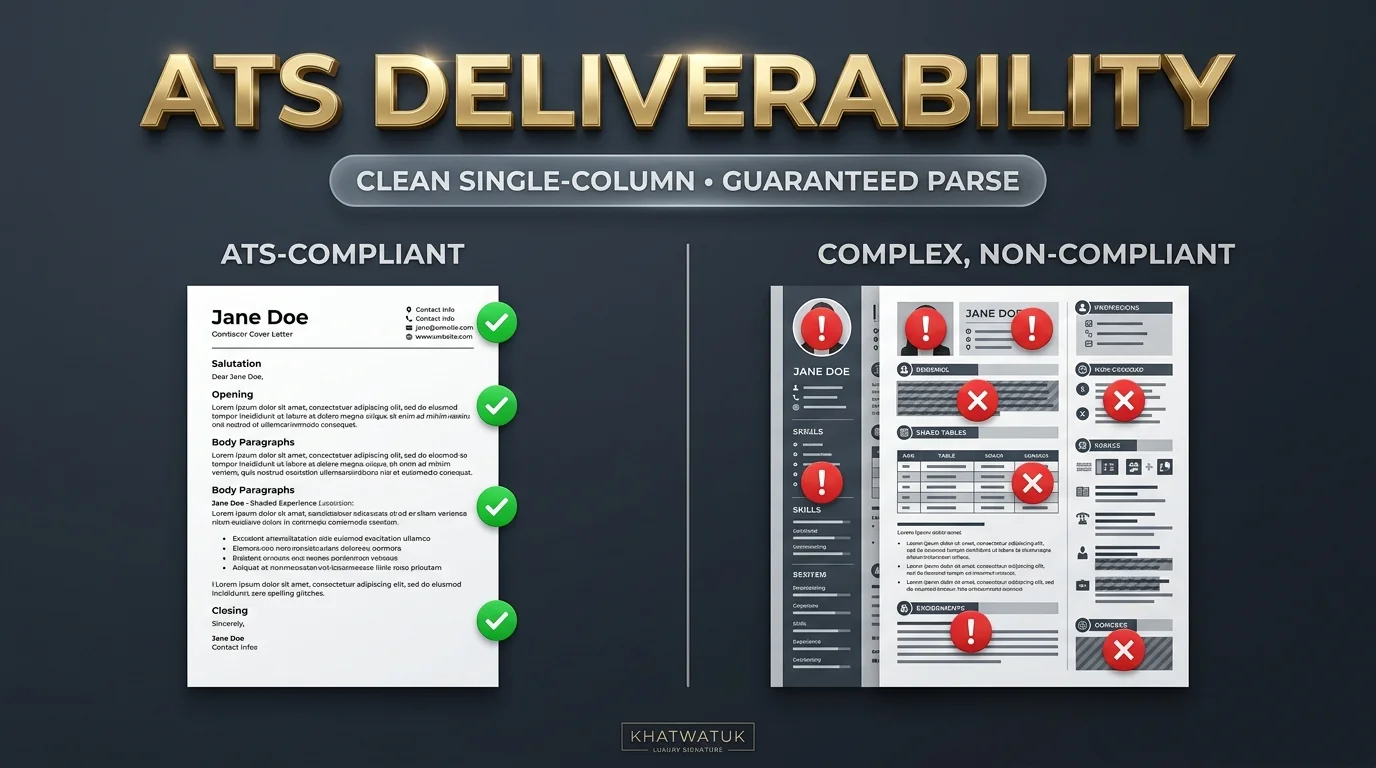Comparison between clean ATS-friendly single column cover letter formatting and complex graphic layouts