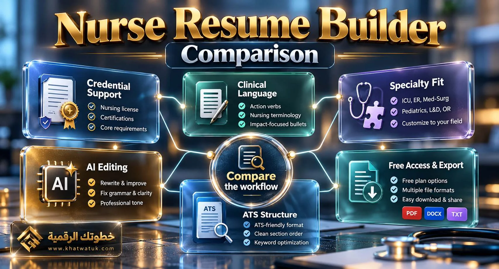 Six-criterion framework for comparing nurse resume builders.