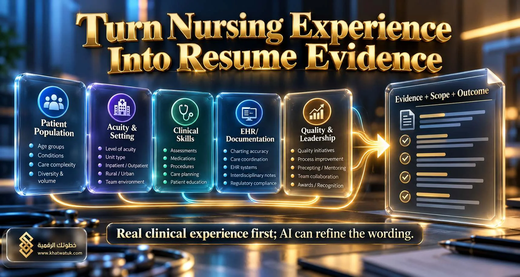 Infographic showing how clinical nursing experience becomes resume evidence.