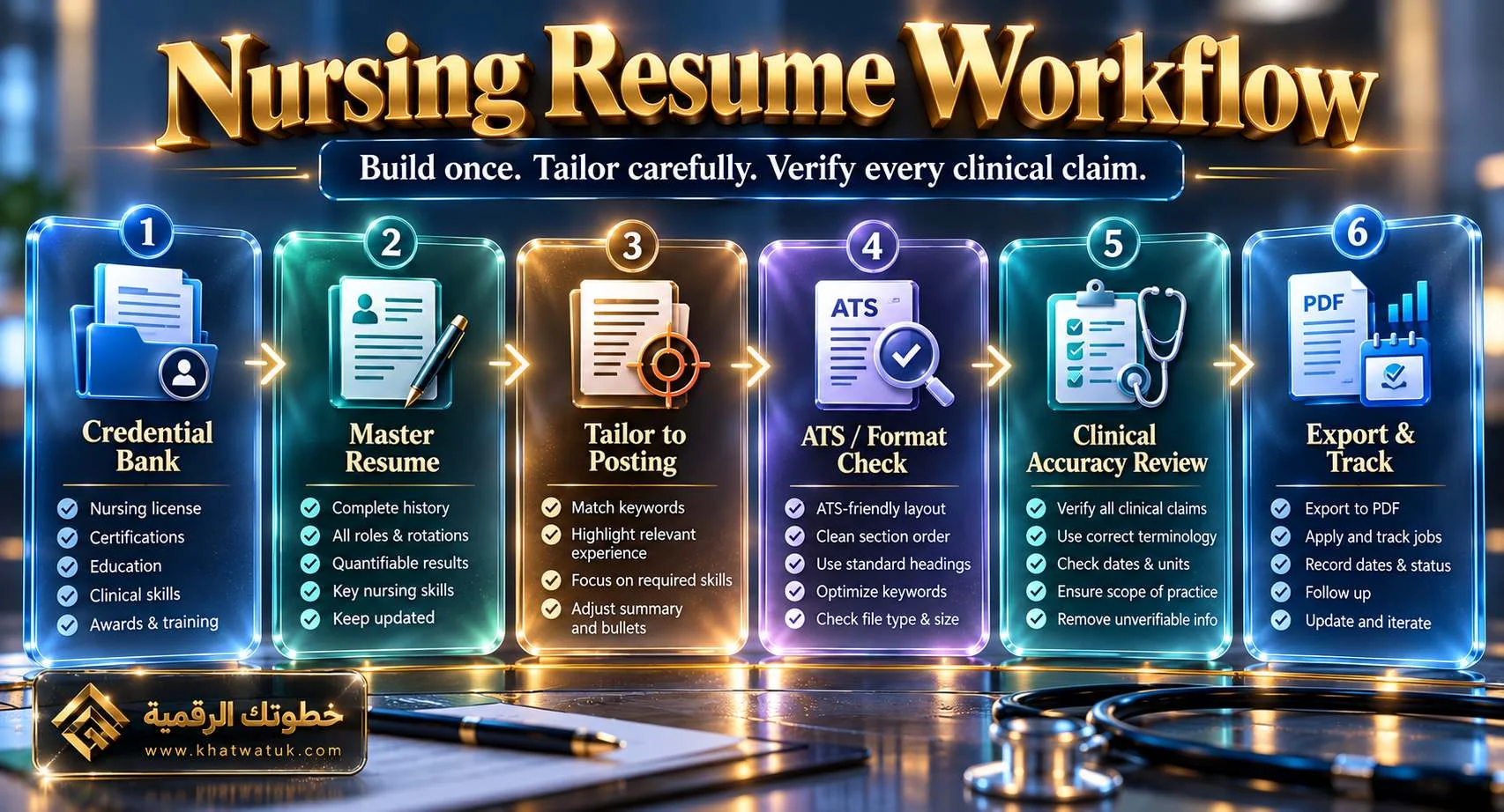 Six-step nursing resume workflow from credential bank to tailored application tracking.