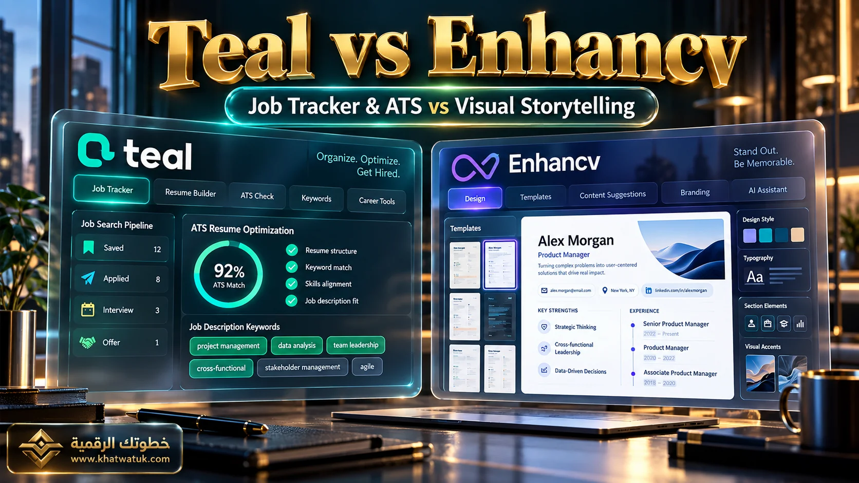 Teal vs Enhancv resume tools comparison hero with job search and resume design workflows