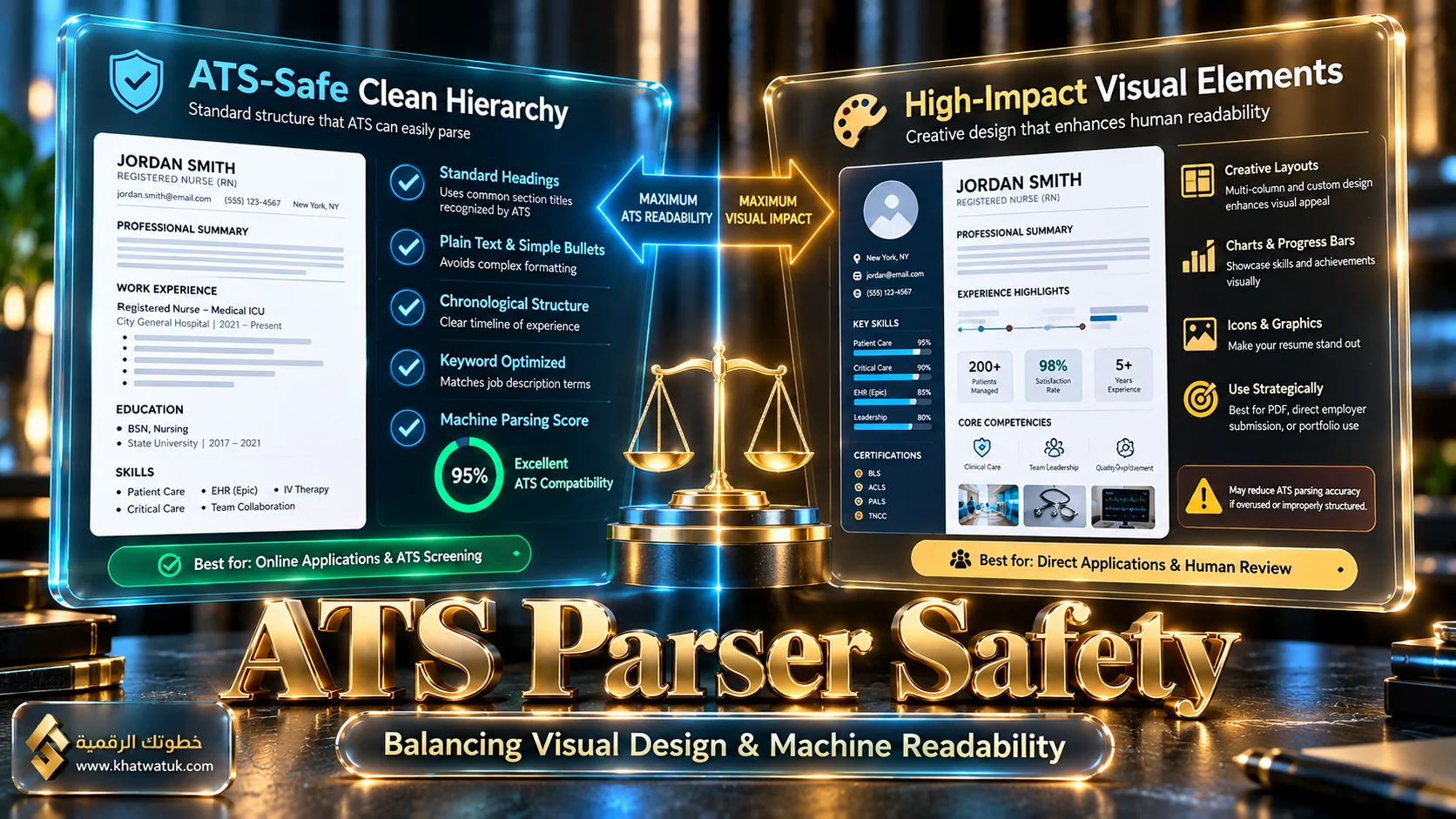 Infographic illustrating ATS parser safety guidelines versus creative visual resume design elements.