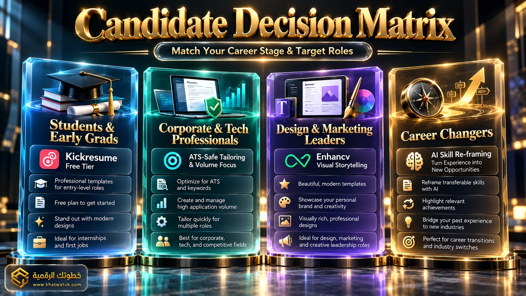 Candidate archetype decision framework matching job seekers to either Kickresume or Enhancv based on role requirements.
