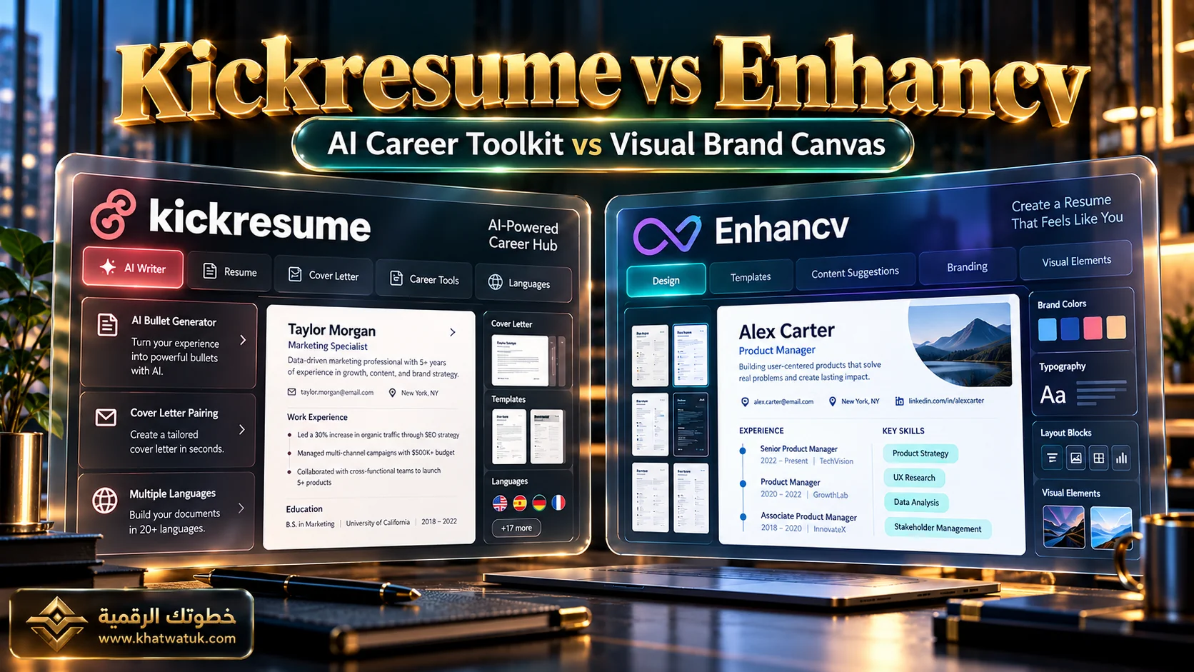 Kickresume vs Enhancv career platform comparison hero showing AI writing tools alongside modern visual resume design.