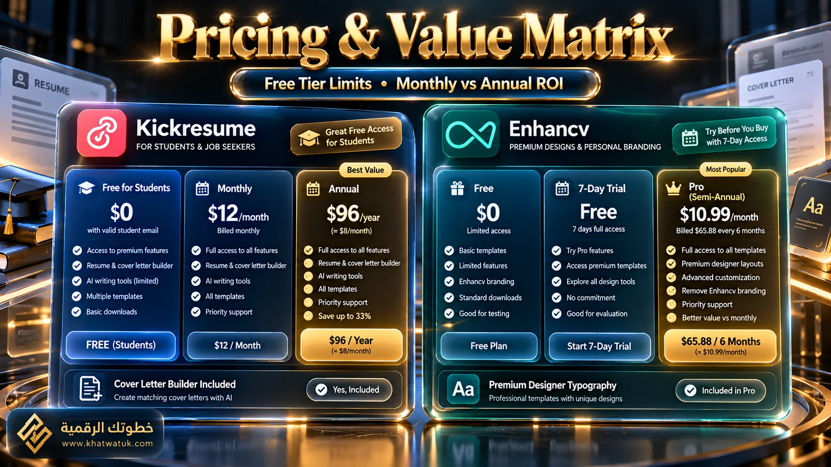 Transparent pricing and plan comparison matrix for Kickresume and Enhancv across free and pro subscription tiers.