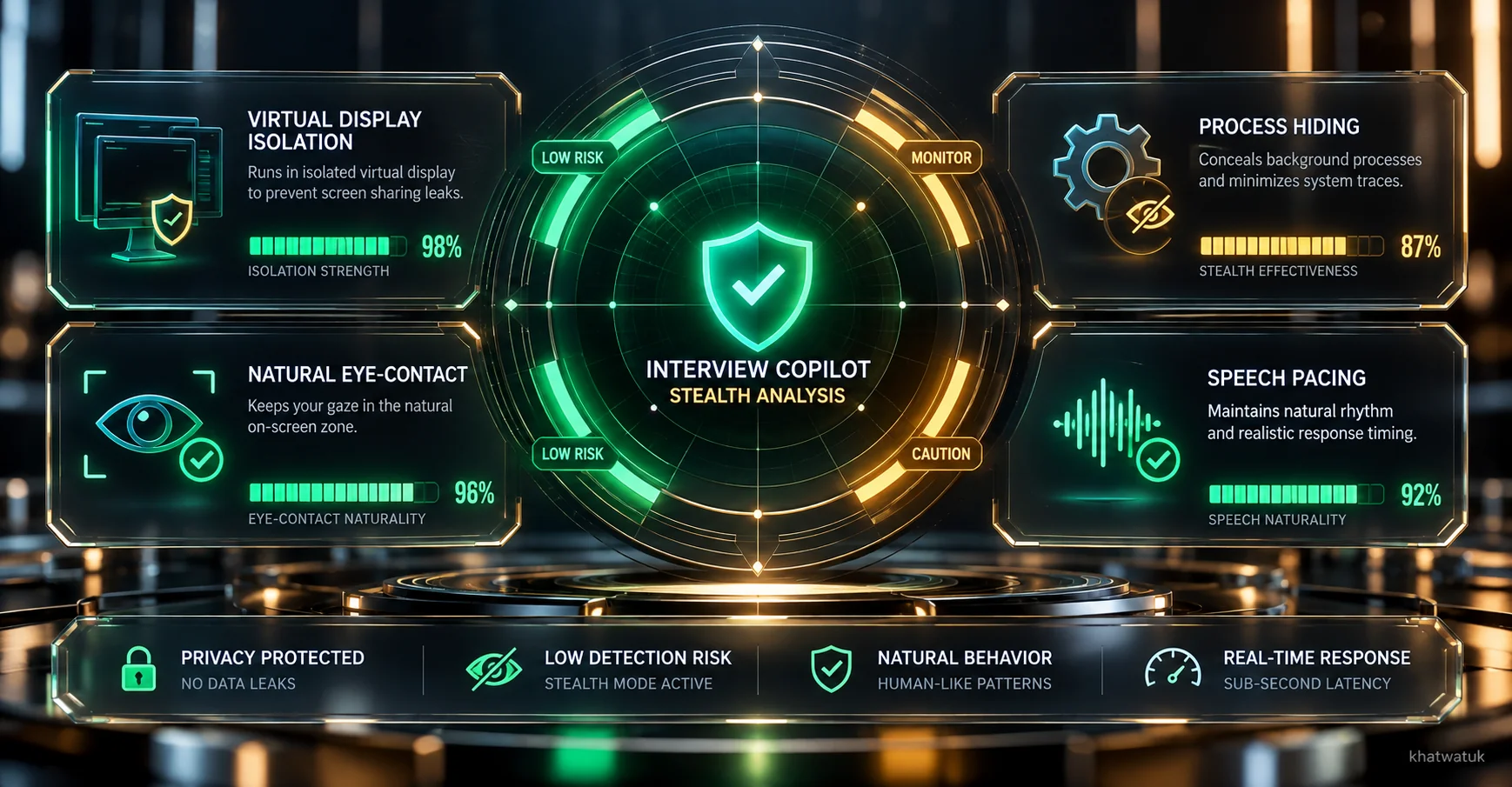 Stealth copilot safety radar evaluating recruiter detection risks and screen share protection