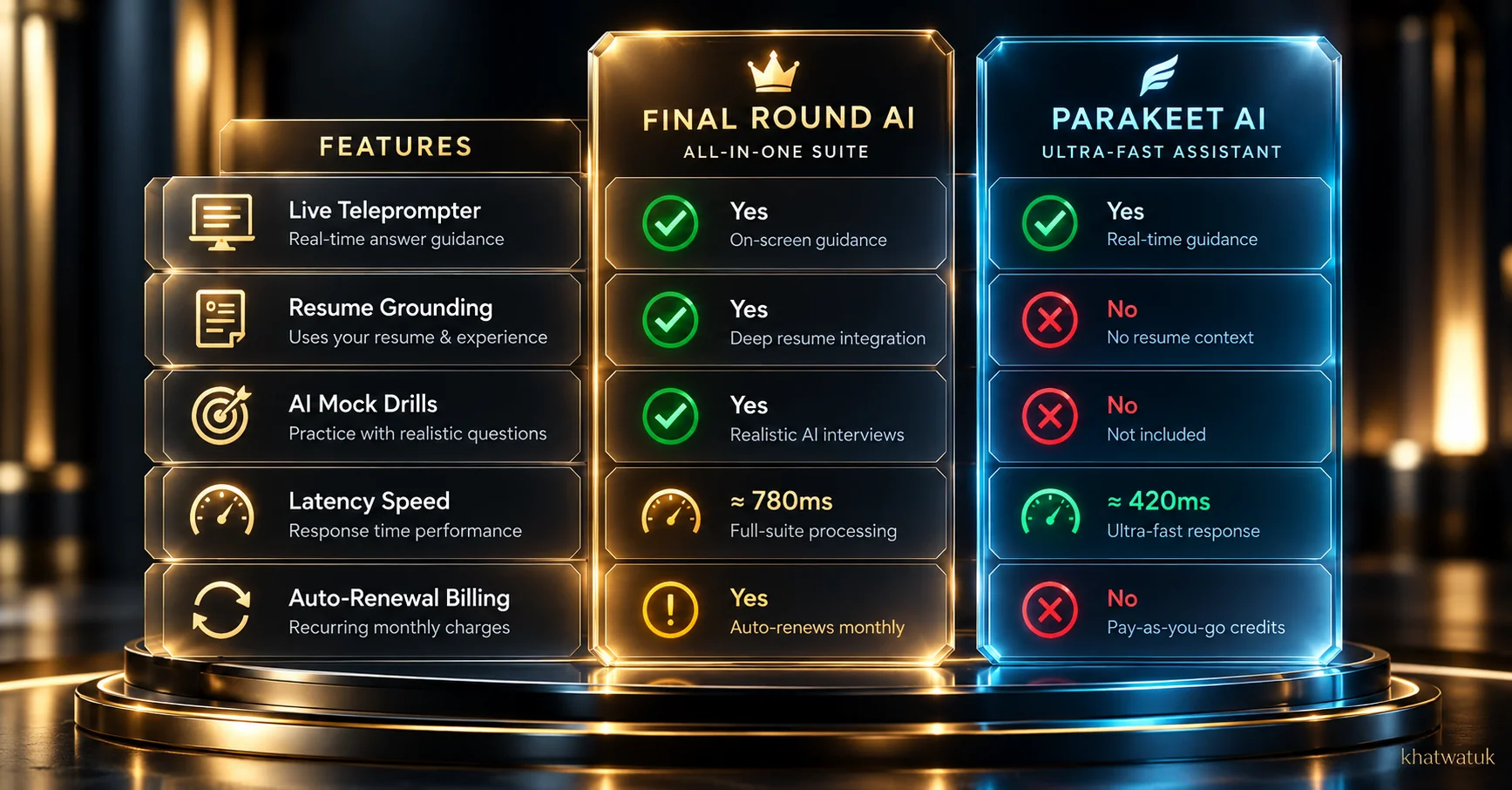 Final Round AI feature scorecard and pricing breakdown across subscription tiers