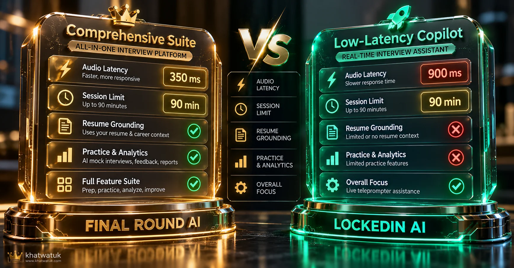 Comparison matrix between Final Round AI and LockedIn AI across pricing, latency, and features