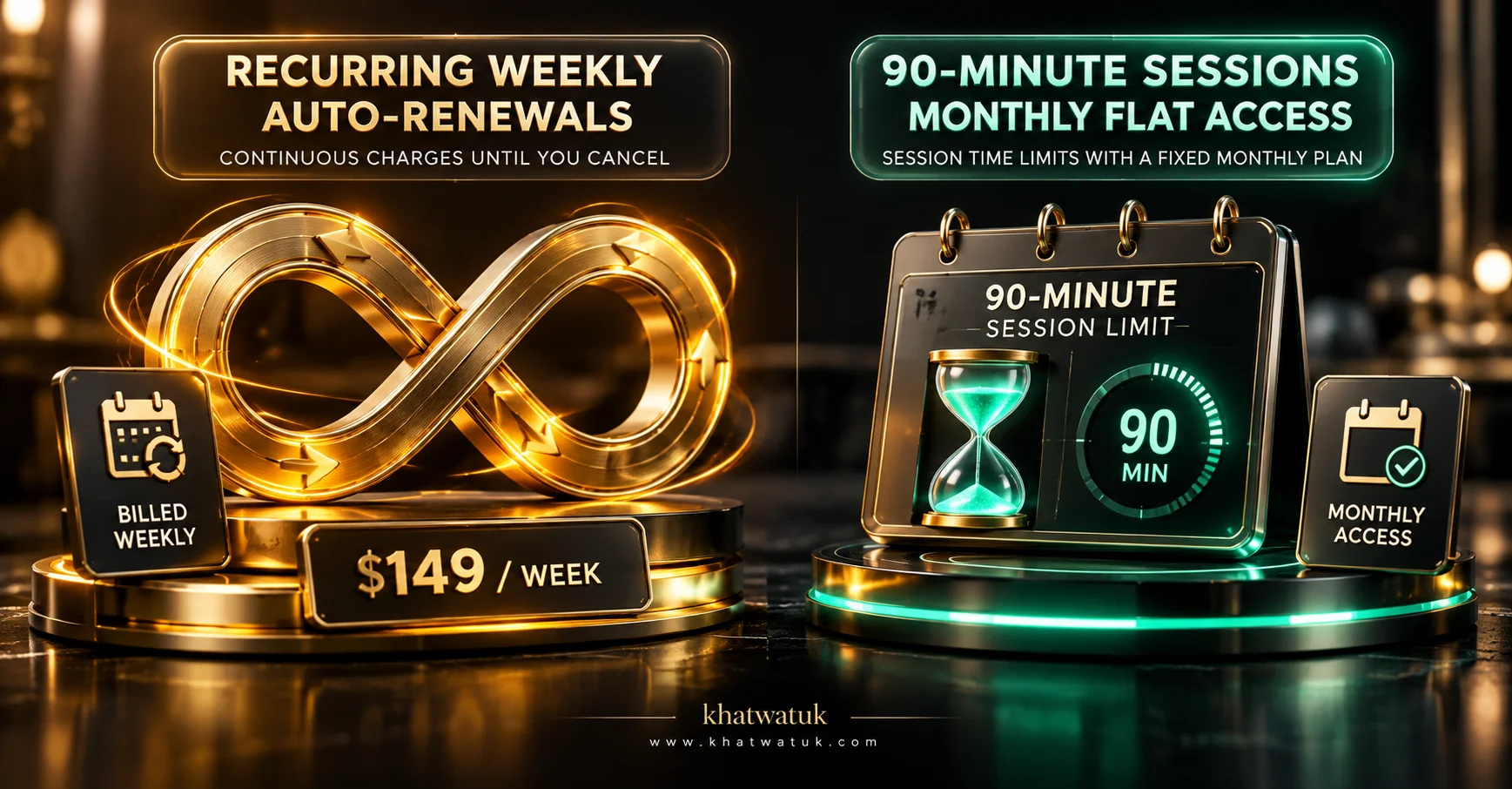 Pricing comparison: monthly flat rate vs weekly auto-renewals and session caps
