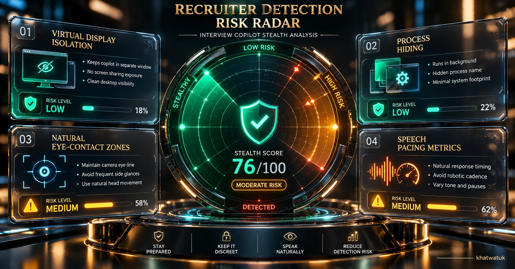 Stealth copilot safety radar evaluating recruiter detection risks and screen share protection