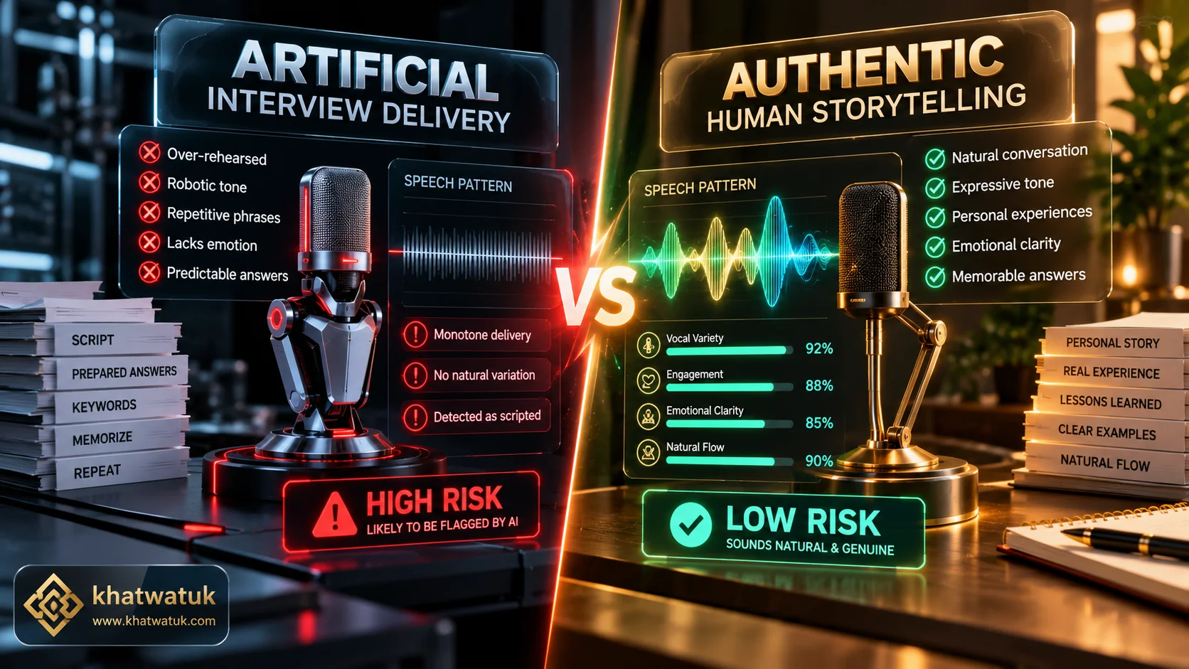 Comparison between robotic rehearsed AI interview answers and natural authentic conversational storytelling