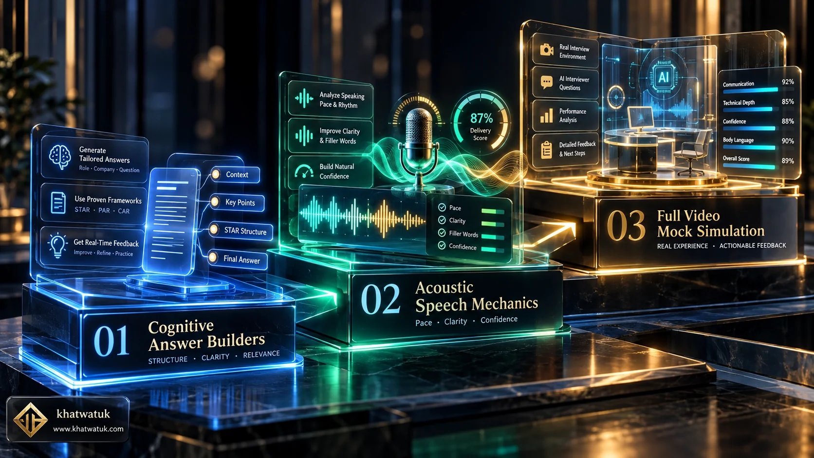 The three architectural tiers of AI interview practice: Cognitive Answer Builders, Speech Mechanics Coaches, and Full Video Mock Simulators