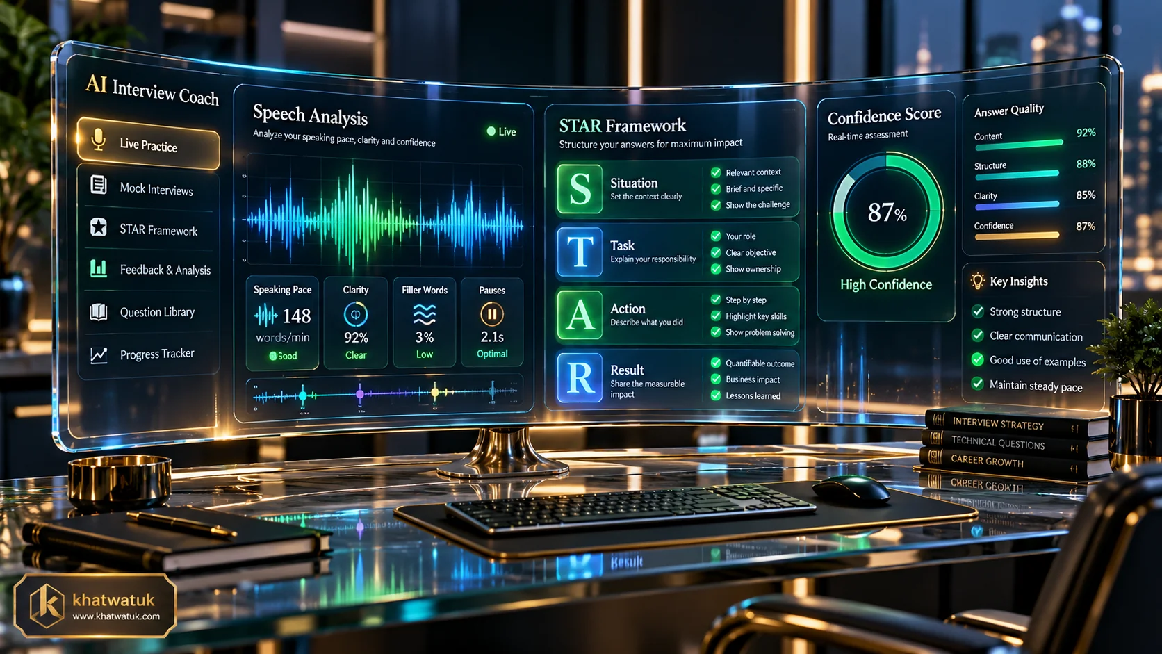 Best AI Tool for Interviews: 3D cockpit visualizing speech wave telemetry, STAR narrative framework, and mock interview performance metrics