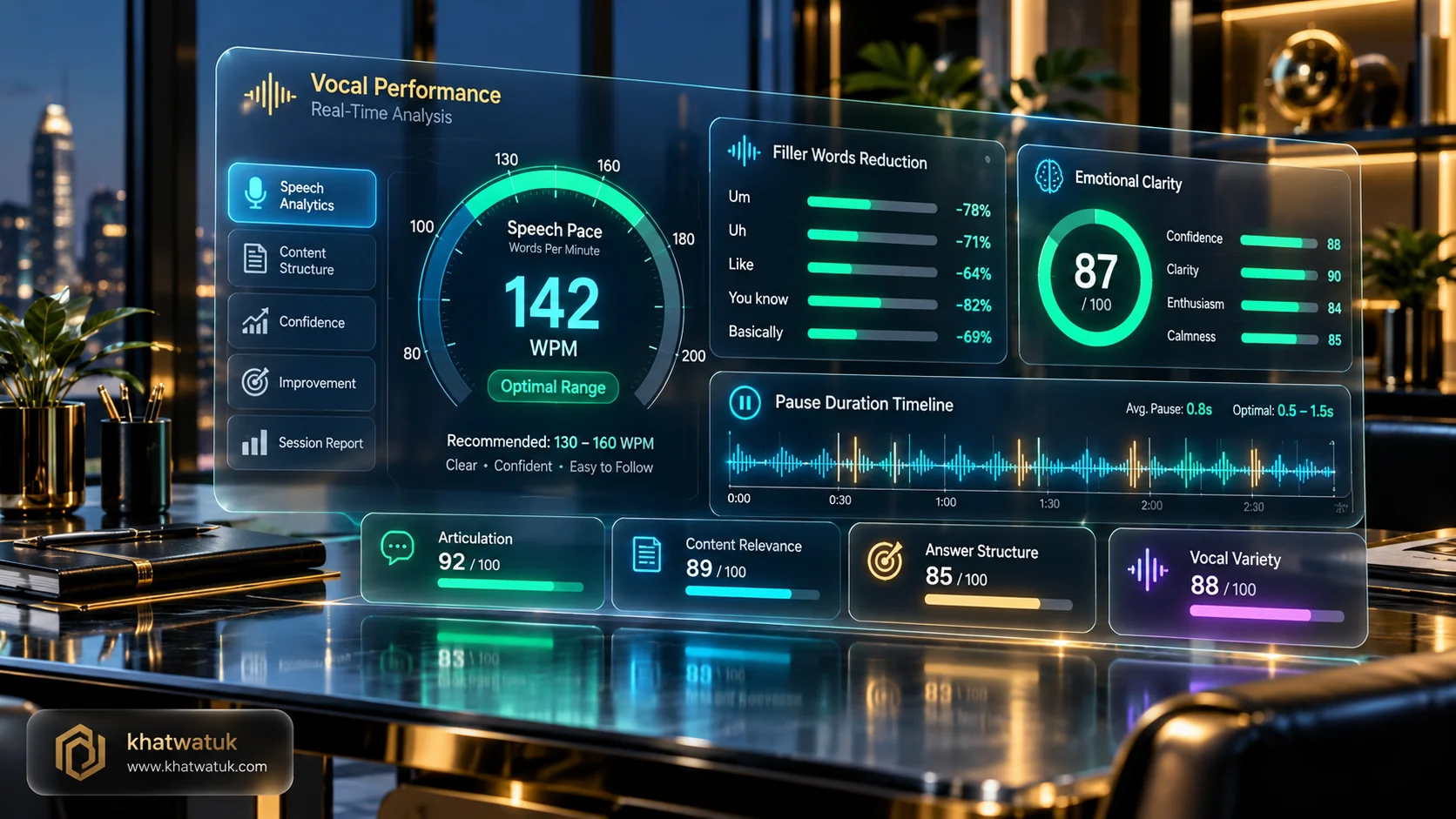 Vocal biomarker analytics dashboard tracking words per minute, filler words, pause duration, and confidence metrics