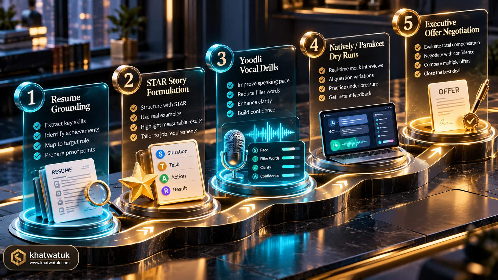 Luxurious 3D roadmap illustrating a 5-step strategy from resume-grounded mock practice to live interview confidence