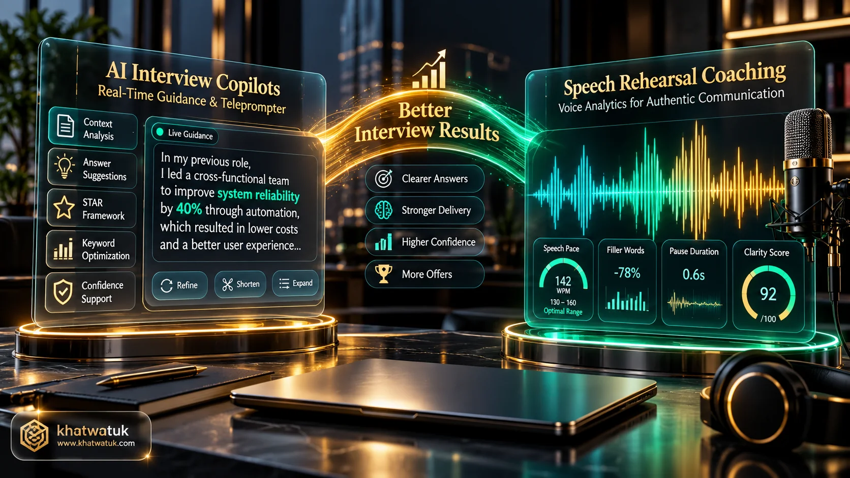 3D conceptual visual comparing AI interview preparation paths including live teleprompter copilots and speech rehearsal coaching