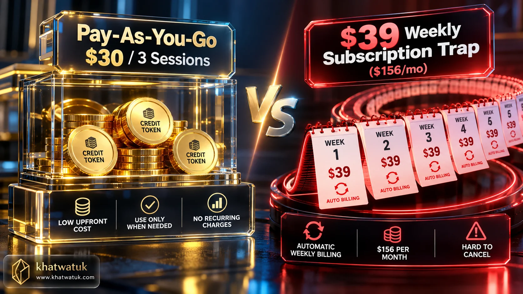 3D infographic comparing pay-as-you-go credit tokens against recurring weekly subscription traps