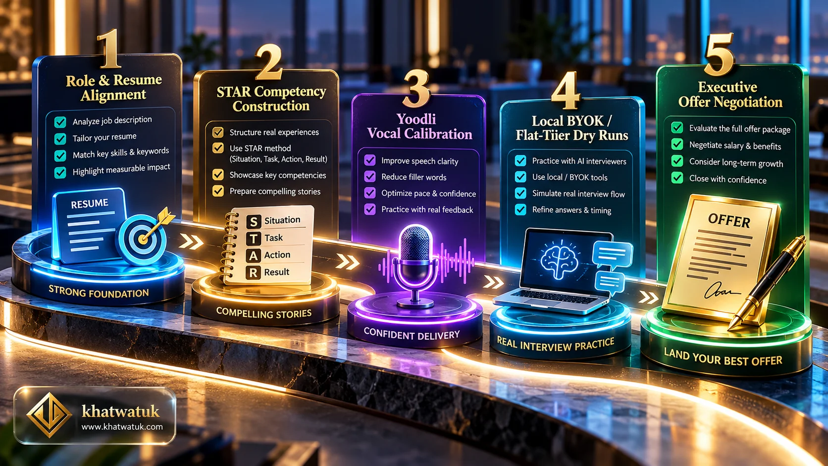Luxurious 3D architectural roadmap illustrating a 5-step strategy from resume grounding to final offer negotiation