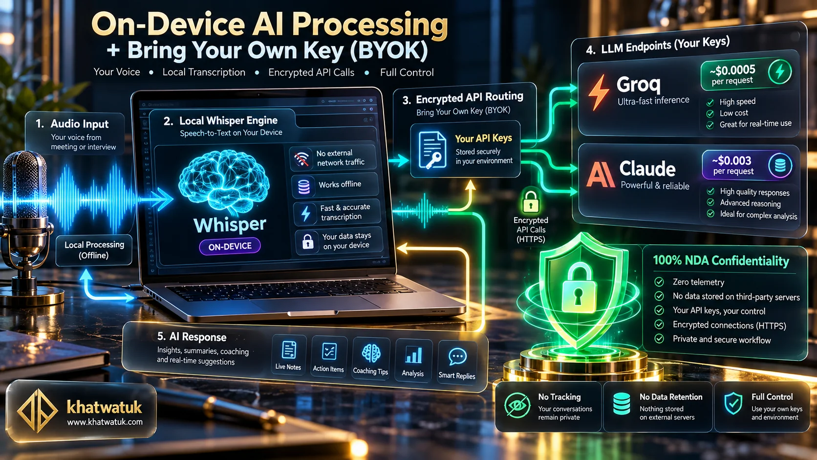 High-tech holographic schematic illustrating on-device local AI processing and Bring Your Own Key API routing