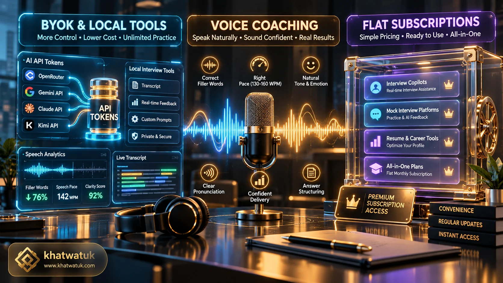 3D conceptual visual comparing AI interview preparation architectures including flat subscriptions, BYOK local tools, and voice coaching