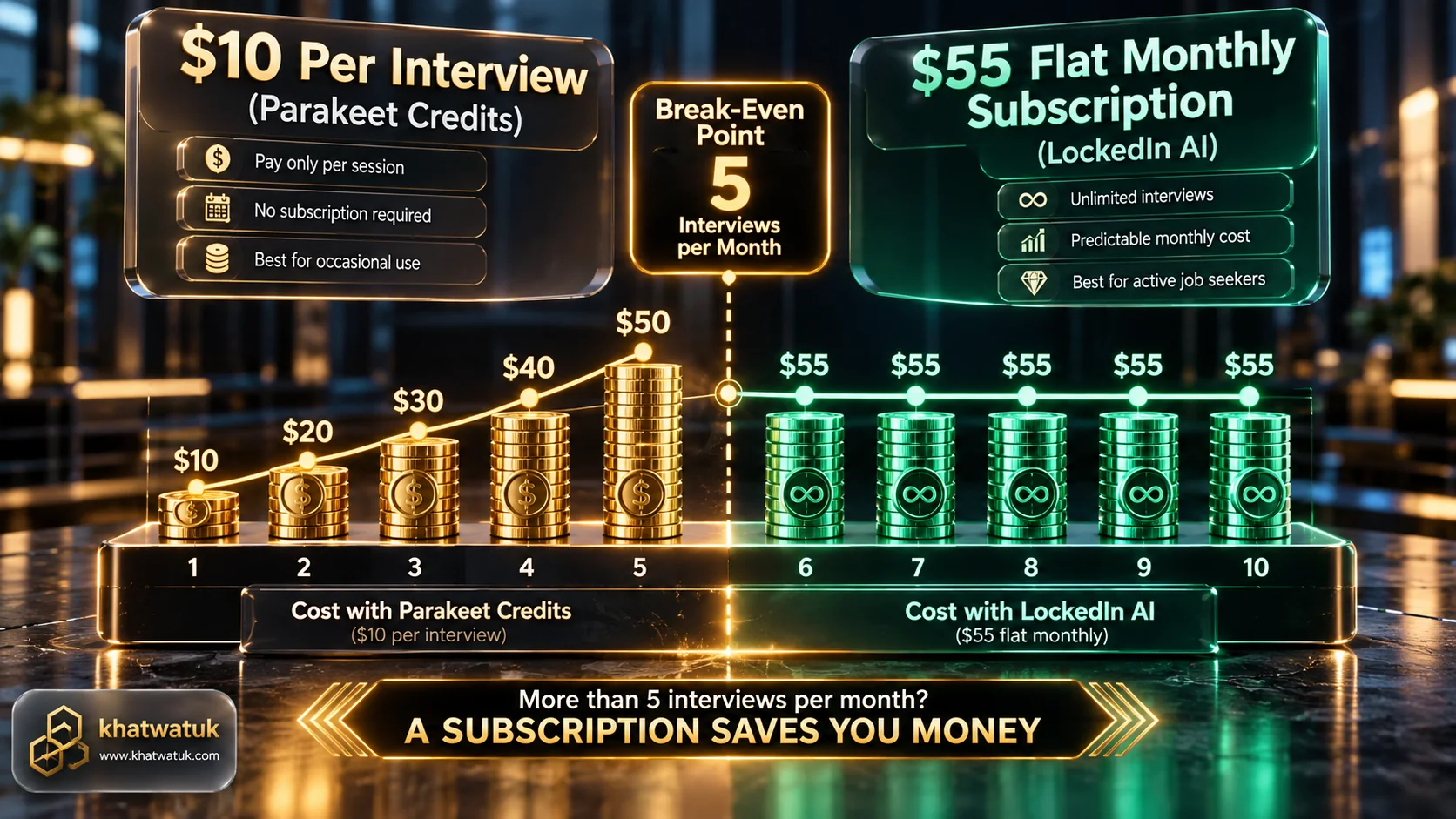 3D financial comparison chart illustrating the break-even threshold between per-session credits and flat monthly subscriptions