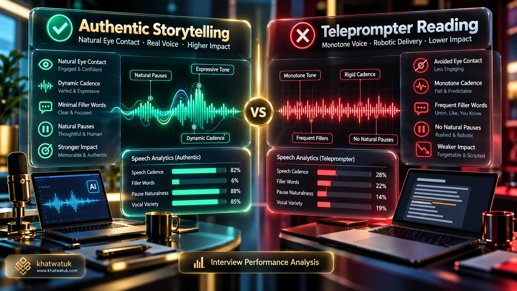 Conceptual 3D visual of recruiter screening telemetry tracking candidate conversational authenticity vs teleprompter cadence