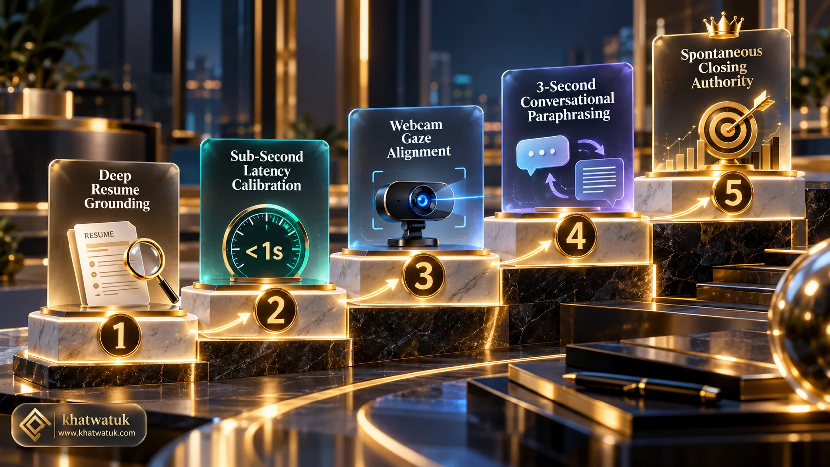 Luxurious 3D architectural roadmap illustrating a 5-step protocol for using interview copilots safely without sounding robotic