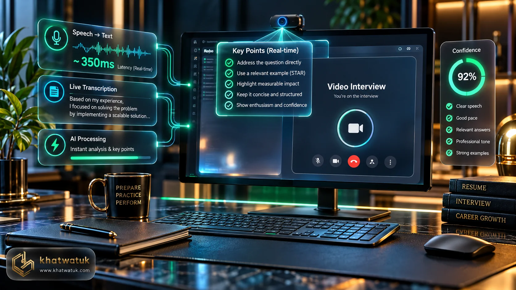 3D conceptual visual comparing modern AI interview copilots with real-time HUD overlays, low-latency audio streaming, and webcam gaze alignment
