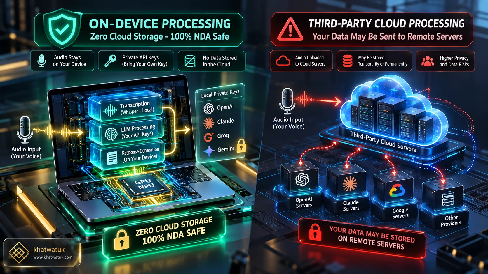 High-tech schematic contrasting local on-device BYOK audio processing with centralized cloud server telemetry