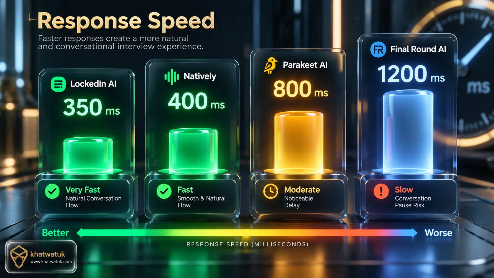 3D quantitative speed comparison chart showing real-time audio transcription and response latency across leading AI interview copilots