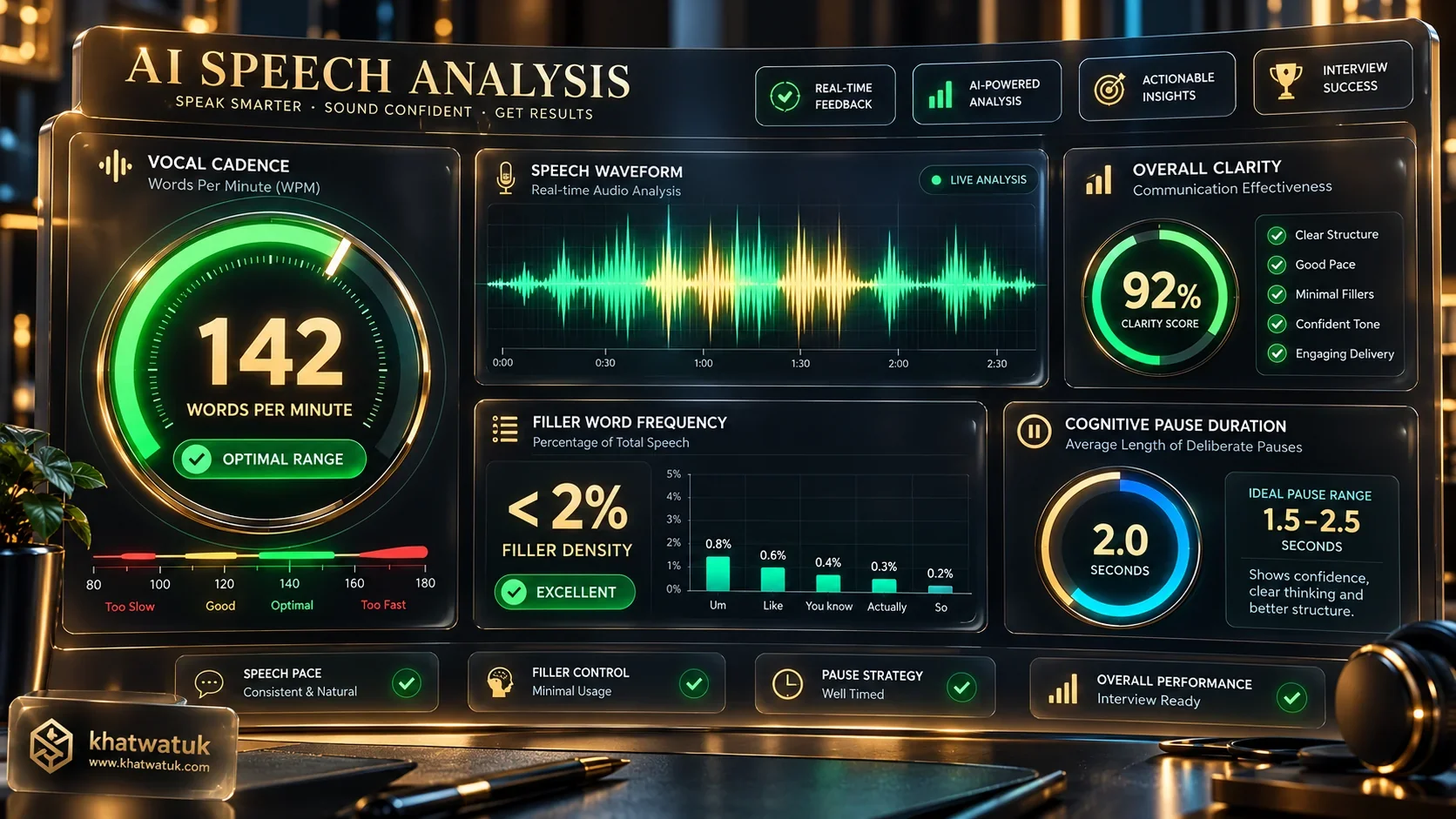Data dashboard showing AI speech analytics, words per minute pacing curve, and filler word frequency telemetry