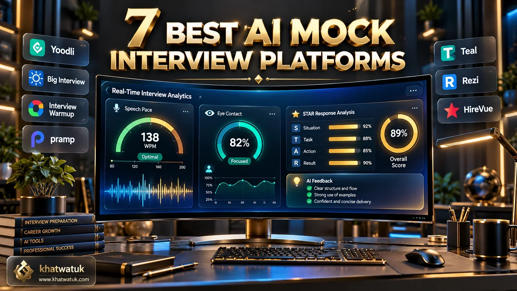Candidate practicing with an interactive AI mock interview platform featuring real-time camera tracking and voice analytics
