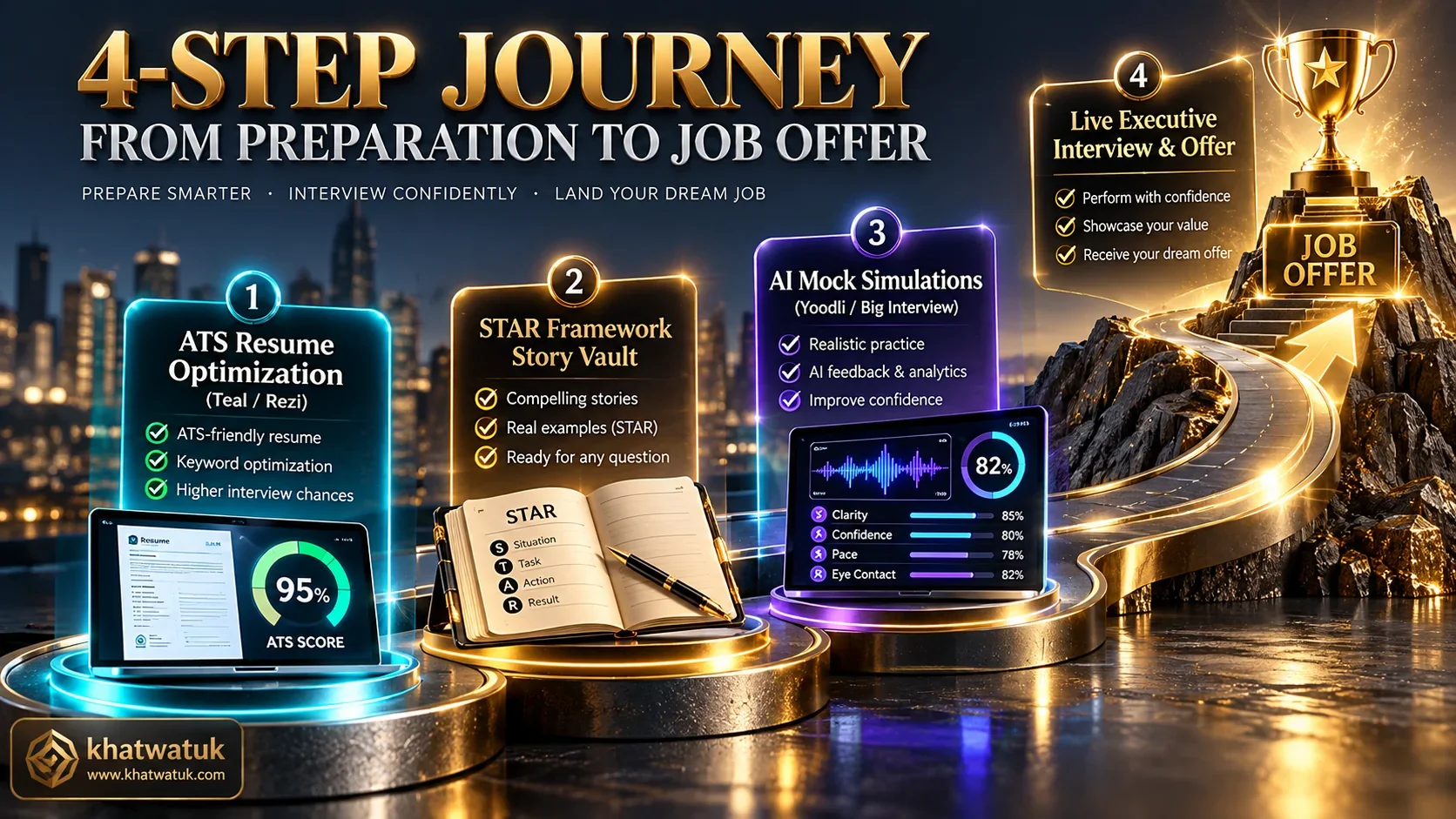 Visual roadmap illustrating the progressive career pipeline from ATS resume formatting to mock interview simulations and final offer negotiation