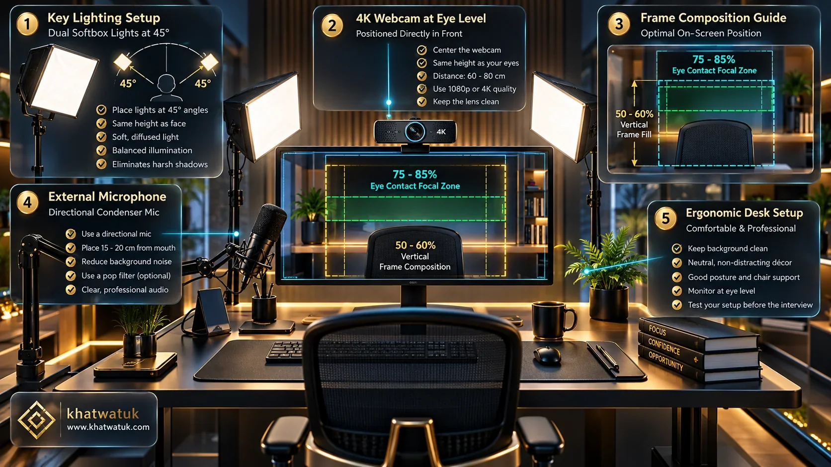 Ergonomic diagram illustrating the ideal webcam framing, lighting angles, and eye-level camera placement for AI interview analysis
