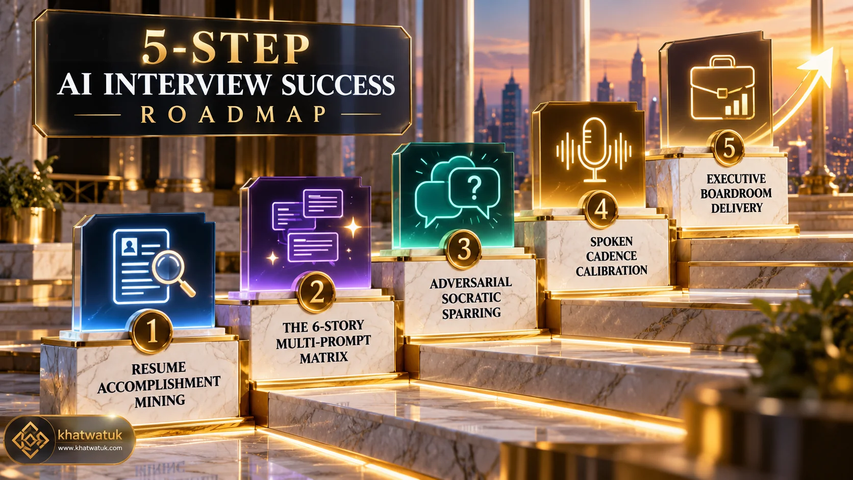 Luxurious 3D architectural roadmap illustrating a 5-step strategy from resume story mining to final executive interview mastery