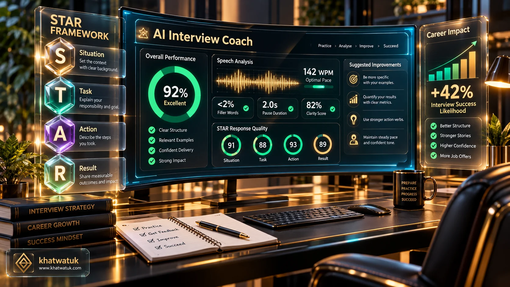 3D conceptual visual illustrating AI behavioral interview preparation with STAR method evaluation, vocal telemetry, and structured storytelling