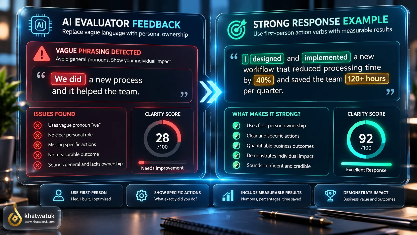 Split-screen holographic interface showing an adversarial AI hiring manager cross-examining candidate answers for leadership principles