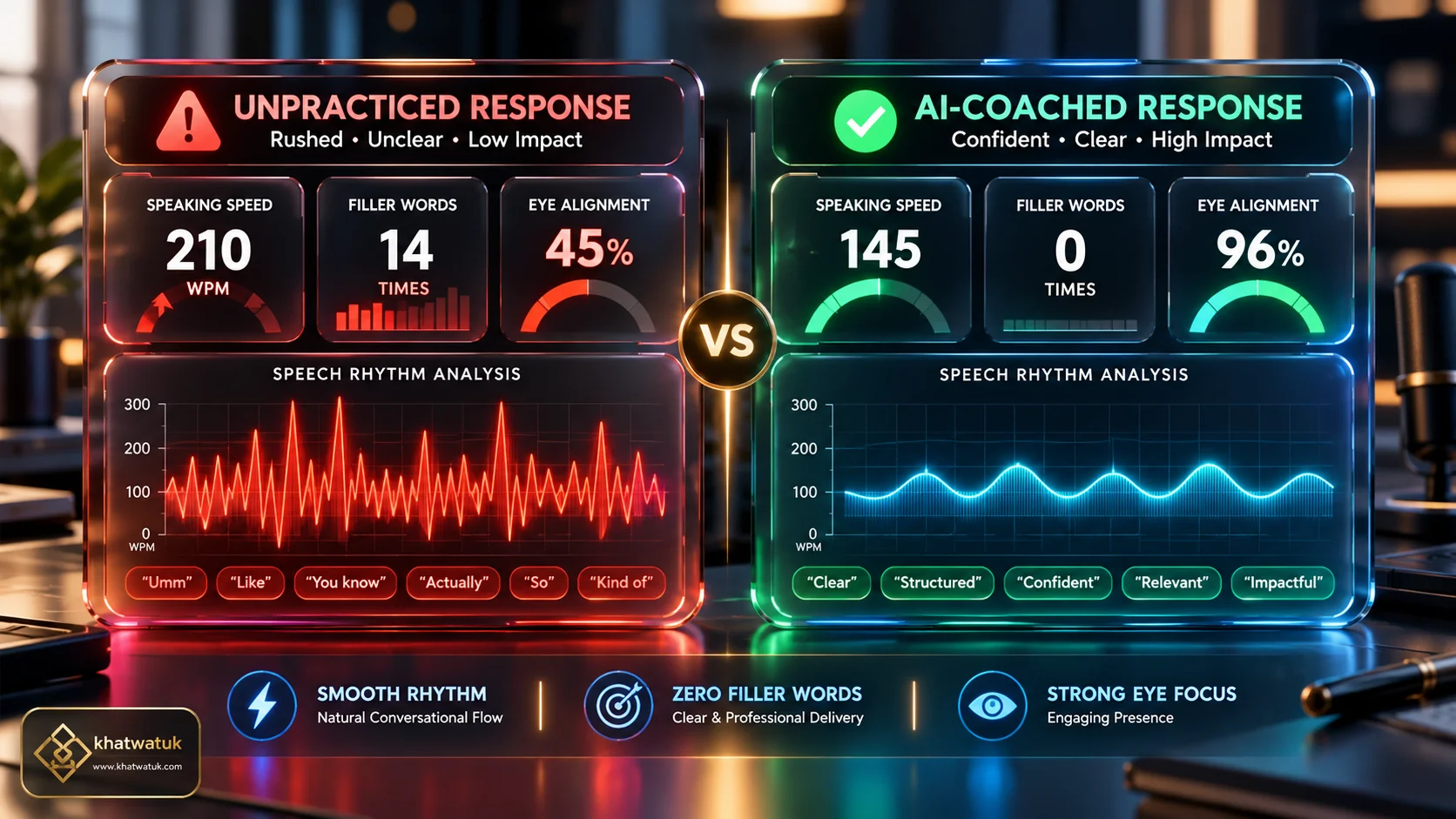 3D biometric dashboard comparing speech pacing, filler-word reduction, and confidence metrics between unpracticed and AI-trained candidates