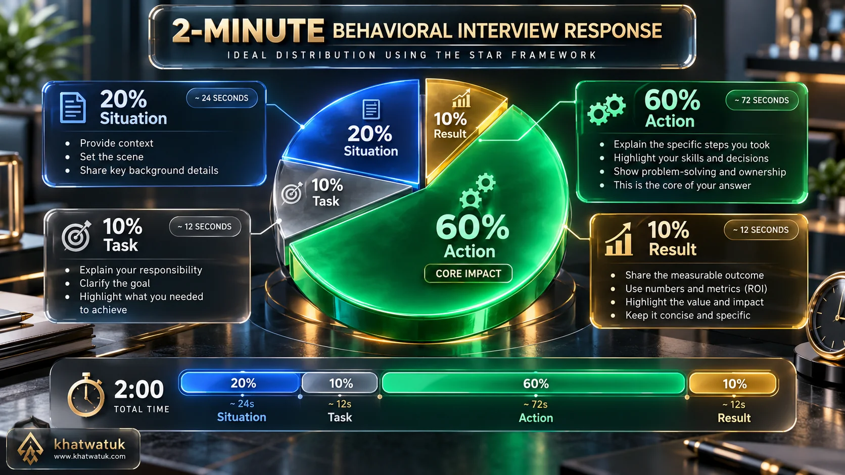 3D quantitative architectural diagram illustrating the ideal time allocation for STAR method interview answers: 20% Situation, 10% Task, 60% Action, 10% Result
