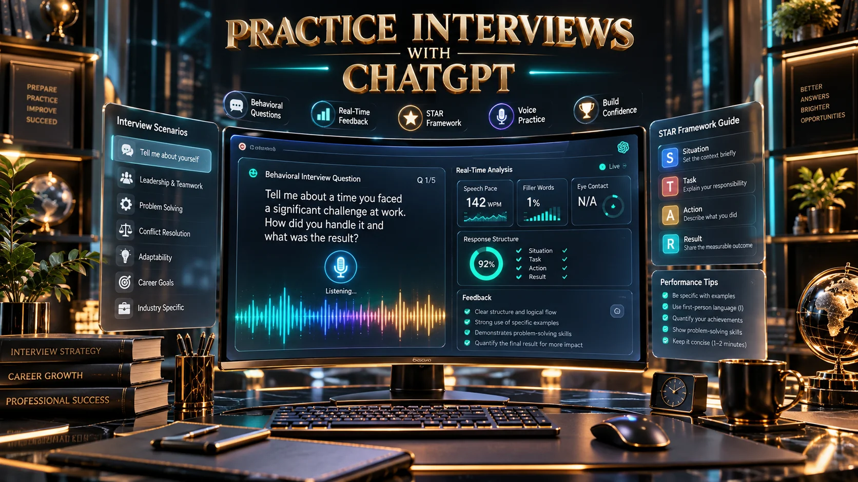 Practice Job Interviews with ChatGPT Hero Infographic showing AI mock interview interface and STAR framework