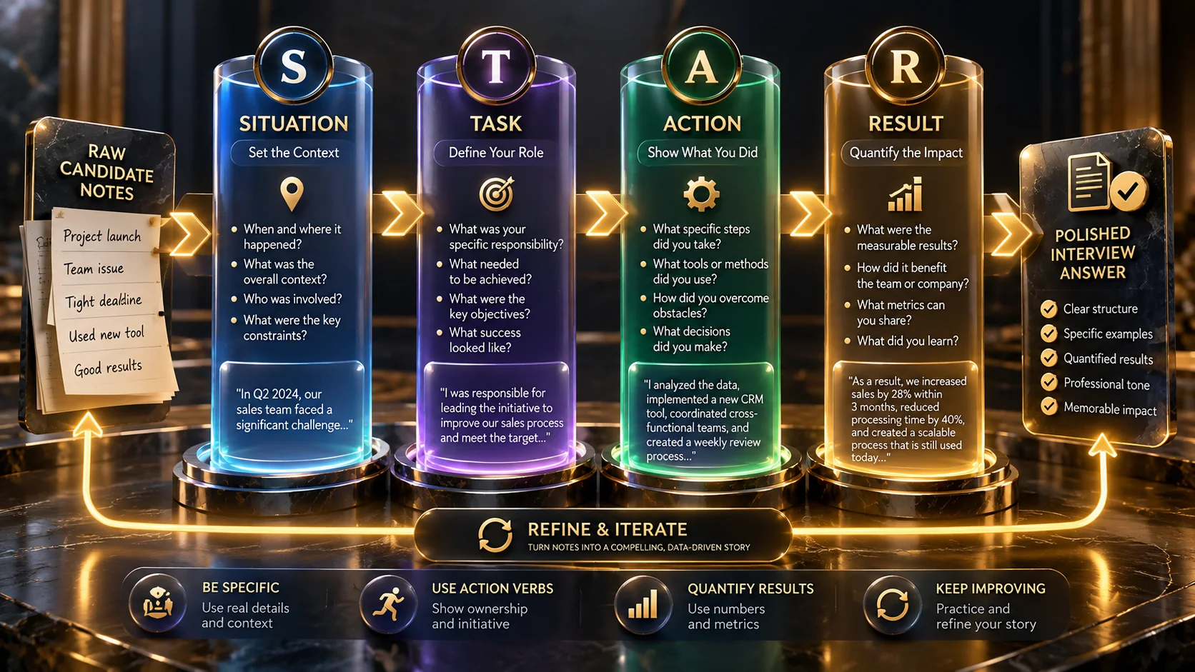 STAR Method Behavioral Refinement loop showing Situation Task Action and Result transformation