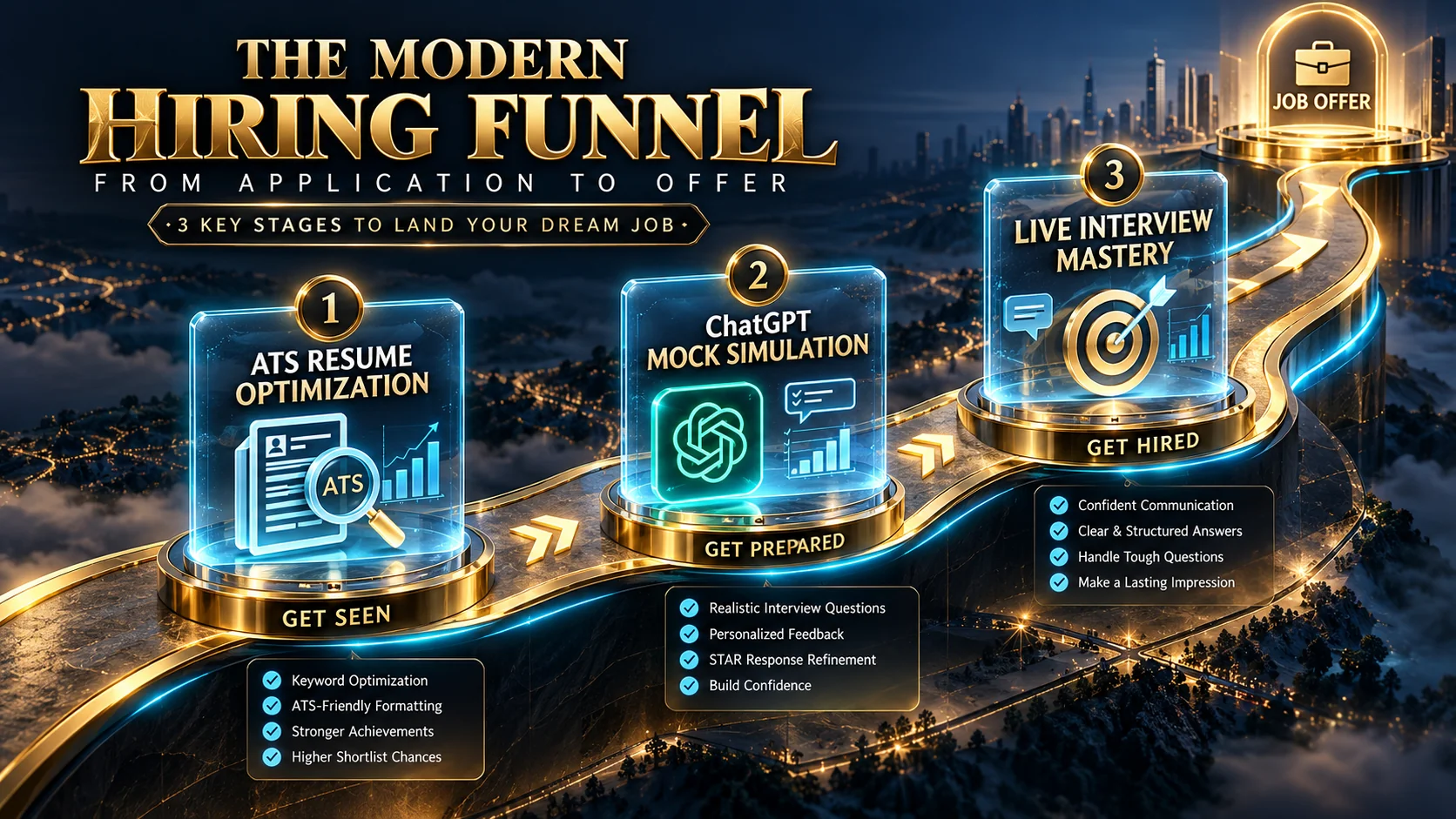 Modern AI Job Search Funnel roadmap from ATS resume building to mock interview mastery