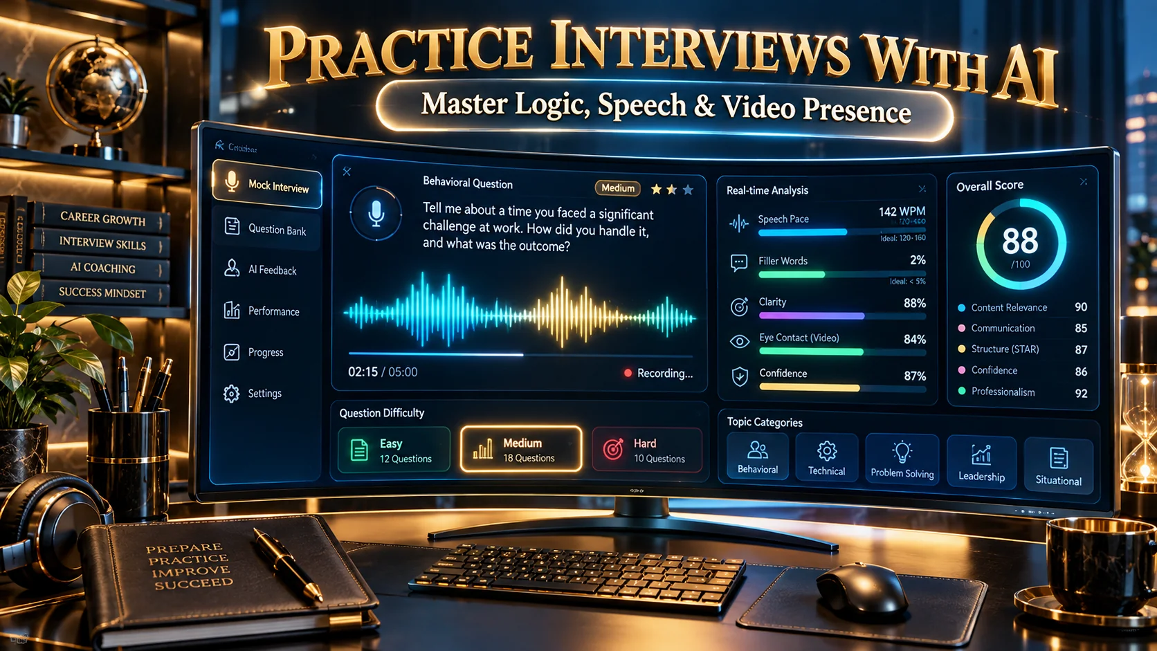 Practice Job Interviews with AI Hero Infographic showing multi-modal mock interview terminal and speech telemetry