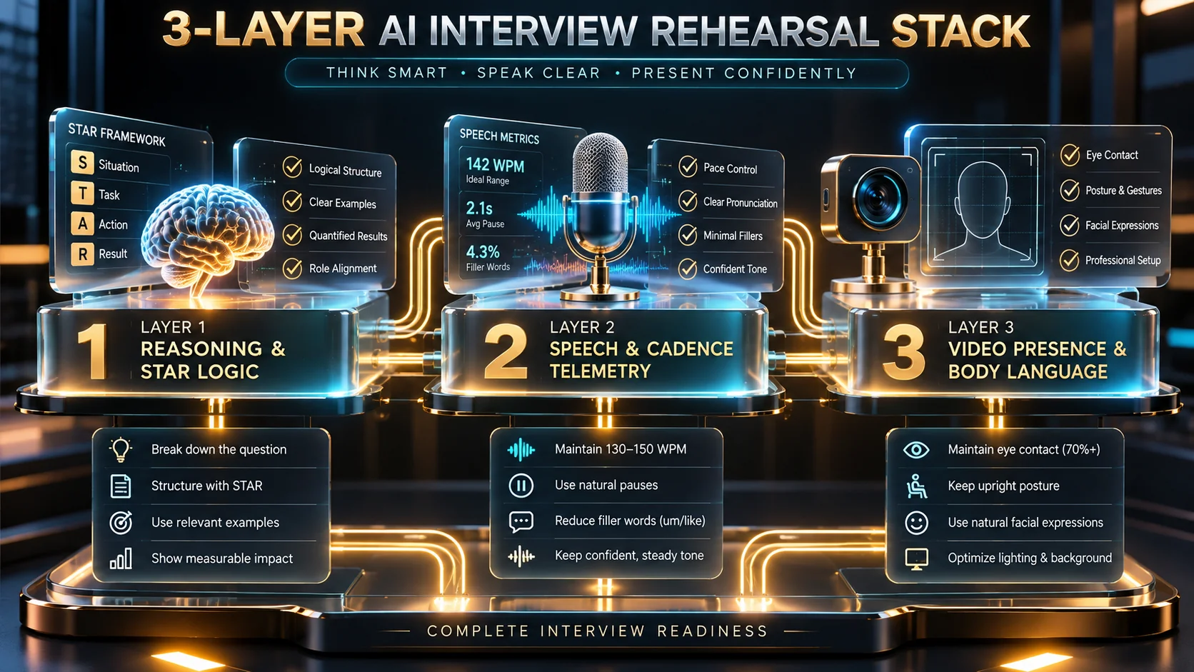 3-Layer Multi-Modal AI Interview Practice Stack diagram showing reasoning speech and video dimensions