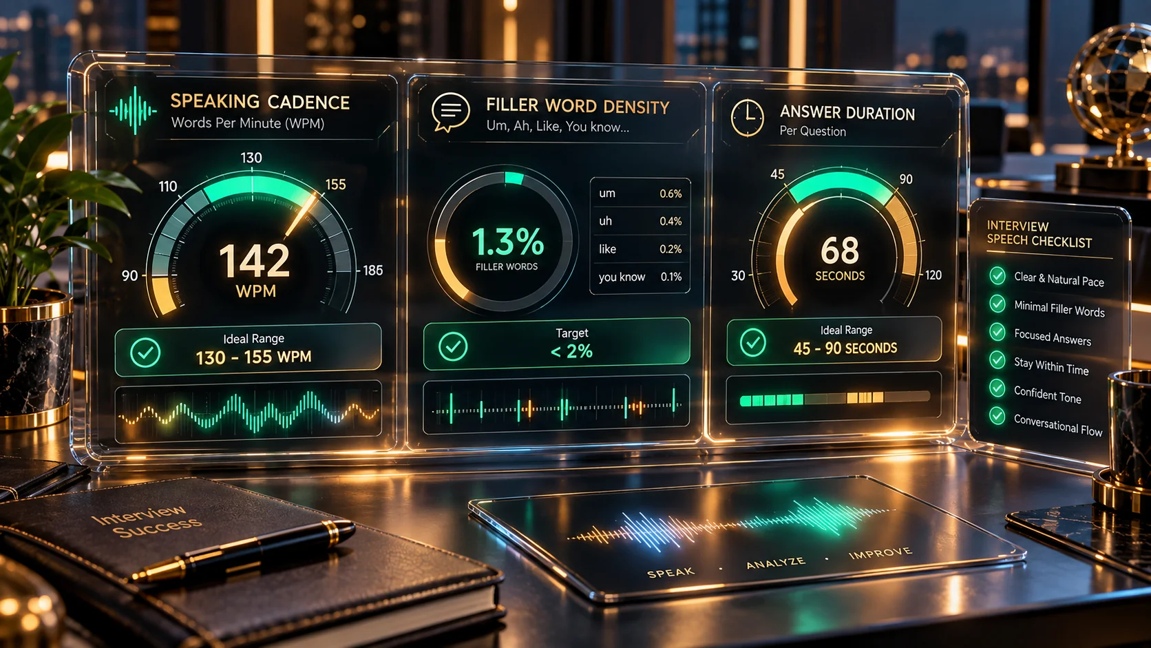 Vocal speech telemetry dashboard showing WPM pacing filler word density and duration benchmarks